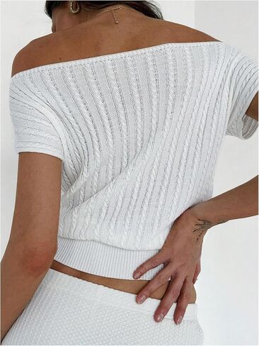 WDIRARA Women's Off Shoulder Textured Short Sleeve Fitted Waist Knitted Top in Kuwait