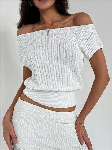 WDIRARA Women's Off Shoulder Textured Short Sleeve Fitted Waist Knitted Top in Kuwait