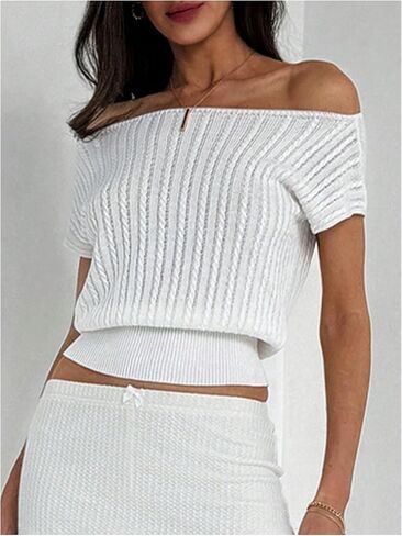 WDIRARA Women's Off Shoulder Textured Short Sleeve Fitted Waist Knitted Top in Kuwait