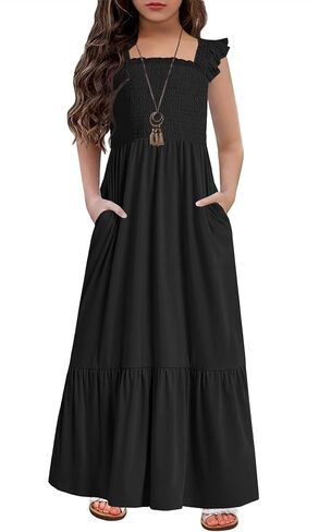 Hosika Girls Summer Sundress بلا أكسيمة بلا أكمام مضمار ألين فستان شاطئ Maxi Boho مع جيوب 6-12y in Saudi Arabia