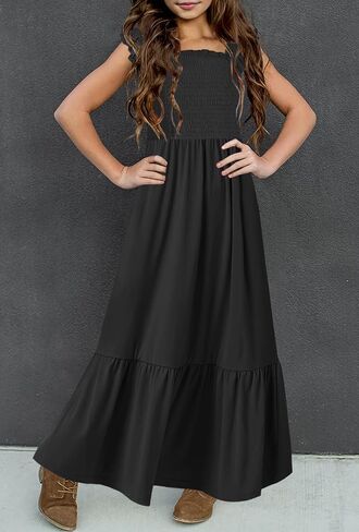 Hosika Girls Summer Sundress بلا أكسيمة بلا أكمام مضمار ألين فستان شاطئ Maxi Boho مع جيوب 6-12y in Saudi Arabia