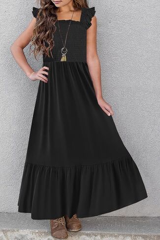 Hosika Girls Summer Sundress بلا أكسيمة بلا أكمام مضمار ألين فستان شاطئ Maxi Boho مع جيوب 6-12y in Saudi Arabia