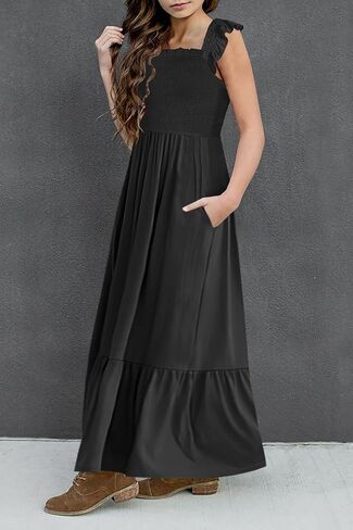 Hosika Girls Summer Sundress بلا أكسيمة بلا أكمام مضمار ألين فستان شاطئ Maxi Boho مع جيوب 6-12y in Saudi Arabia