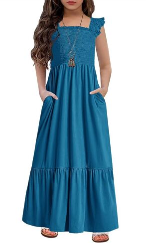 HOSIKA Girls Summer Sundress Casual Sleeveless Smocked Aline Flowy Tiered Maxi Boho Beach Dress with Pockets 6-12Y in Kuwait