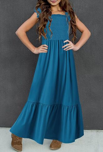 HOSIKA Girls Summer Sundress Casual Sleeveless Smocked Aline Flowy Tiered Maxi Boho Beach Dress with Pockets 6-12Y in Kuwait