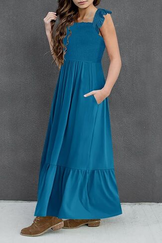 HOSIKA Girls Summer Sundress Casual Sleeveless Smocked Aline Flowy Tiered Maxi Boho Beach Dress with Pockets 6-12Y in Kuwait