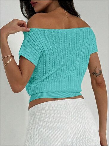 WDIRARA Women's Off Shoulder Textured Short Sleeve Fitted Waist Knitted Top in Kuwait