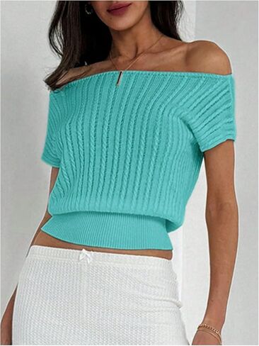 WDIRARA Women's Off Shoulder Textured Short Sleeve Fitted Waist Knitted Top in Kuwait