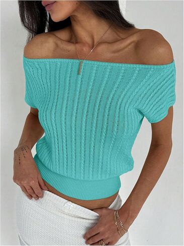 WDIRARA Women's Off Shoulder Textured Short Sleeve Fitted Waist Knitted Top in Kuwait