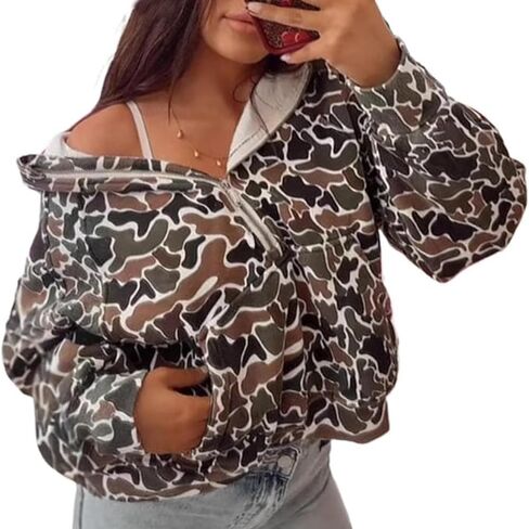 Camo Hoodie Oversized Quarter Zip Pullover Women Cute Camo Zip Up Hoodie Colorful Patchwork Cheetah Hoodies Y2k Trendy in Saudi Arabia