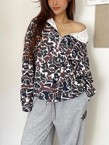 Camo Hoodie Oversized Quarter Zip Pullover Women Cute Camo Zip Up Hoodie Colorful Patchwork Cheetah Hoodies Y2k Trendy in Saudi Arabia