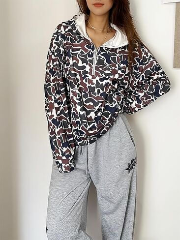 Camo Hoodie Oversized Quarter Zip Pullover Women Cute Camo Zip Up Hoodie Colorful Patchwork Cheetah Hoodies Y2k Trendy in Saudi Arabia