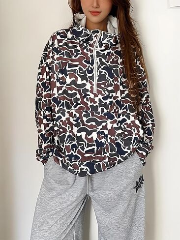Camo Hoodie Oversized Quarter Zip Pullover Women Cute Camo Zip Up Hoodie Colorful Patchwork Cheetah Hoodies Y2k Trendy in Saudi Arabia
