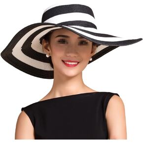 GSHLLO Women's Straw Floppy Sun Hat, Black and White Striped, Medium, High Sun Protection, Foldable, Beach & Holiday