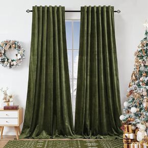 Dchola Olive Green Velvet Curtains for Bedroom Window with Back Tab, Super Soft Vintage Luxury Heavy Drapes, Room Darkening Thermal Insulated Curtain for Living Room, W52 by L96 inches, 2 Panels