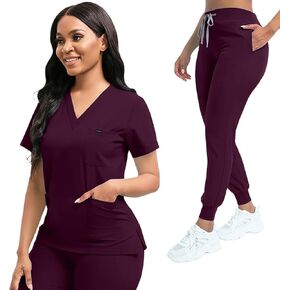 Scrubs for Women Set, Women's V-Neck Top & Jogger Scrub Pants, Nursing Uniform Scrubs Set with 8 Pockets