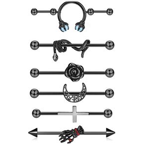 6Pcs Black Industrial Barbell Earrings 14G Stainless Steel Industrial Helix Cartilage Earrings 38mm Industrial Bar Moon Flower Cross Hand Snake Double Piercings Industrial Piercing Jewelry