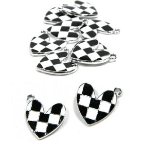 10 Double Sided Black & White Checkered Enamel Diagonal Heart Race Finish Winner Flag Silver Metal Pendant Charms