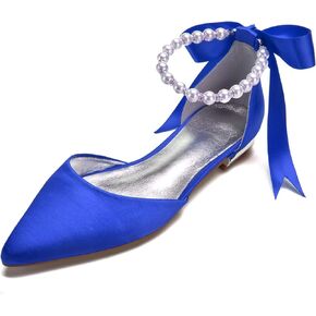 Women's Pearl Satin Wedding Shoes for Bride Flats Pointed Toe Comfortable Bridal Shoes Formal Prom Party Dress Pumps Sandals with Ankle Strap