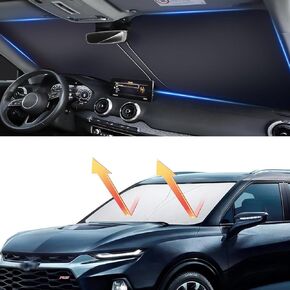 Windshield Sun Shade, car Front Windshield Sunshade with Mirror V-Cut, Foldable Front Car Sun Shield, Automotive Interior Sun Protection Fits Passenger Car, Sedans, SUV (Dazzling Laser)