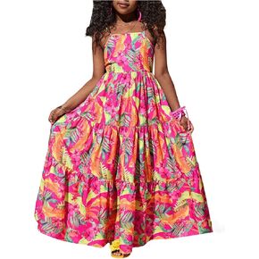 Girl's Cute Floral Cami Dress Tropics Hawaiian Boho Flowy Long Maxi Dresses Bow Back A Line Beach Summer Sundress
