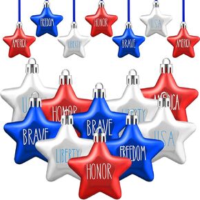 Honoson 24 Pcs Memorial Day Patriotic Decor 4th of July Ornaments Independence Day Hanging Ornament Small Patriotic Star Mini Red Blue White Decorations for Tree Decor (Red,Navy Blue,Silver)