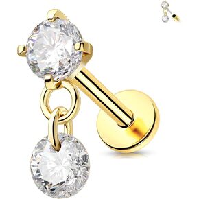 Melighting 14K Solid Gold Dangle Helix Earring Titanium Threadless Push In Earring 16G Gold Flat Back Earring 6/8 mm Cartilage Earring Conch Piercing Jewelry