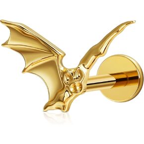 FINE4U 1PC ASTM F136 Titanium Halloween Bat Cartilage Earring 16G 6mm 8mm Flat back Stud for Tragus Helix Conch