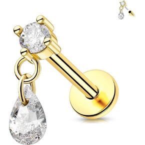 Melighting 14K Solid Gold Dangle Helix Earring Titanium Threadless Push In Earring 16G Gold Flat Back Earring 6/8 mm Cartilage Earring Conch Piercing Jewelry in Saudi Arabia
