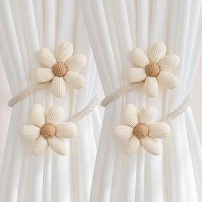 DIY Curtain Tiebacks Clips 2 Pcs, Daisy Flower Curtain Holdbacks, Metallic Twist Curtain Holdbacks, Creative Window Drapes Twist Tie Backs, Great On The Bulk of Each Type of Fabric (Cream)