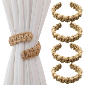 4PCS Hand Woven Curtain Tiebacks,Boho Curtain Holdbacks,Outdoor Farmhouse Tie Backs for Curtains, Cotton Jute Rope Curtain Holders for Drapes Home Office Decor