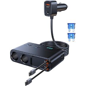 8 in 1 Cigarette Lighter Splitter, Retractable Car Charger Adapter, TSNAM Cigarette Socket Adapter with 2 Sockets & PD30W QC3.0 USB Charger Ports, Independent Switches Voltage Display