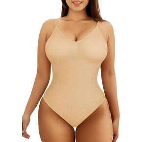 Seamless Shapewear Bodysuit for Women, Ribbed Tummy Control, V Neck Tank Top (Nude M)