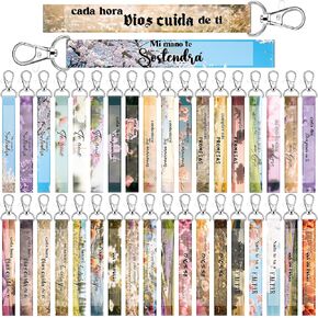 Sureio 36 Pcs Spanish Christian Keychain Gifts for Women Bulk Llaveros Cristianos En Español Mini Bible Verse Inspirational Keychain Floral Landscape Key Rings Religious Scripture Teacher Gifts