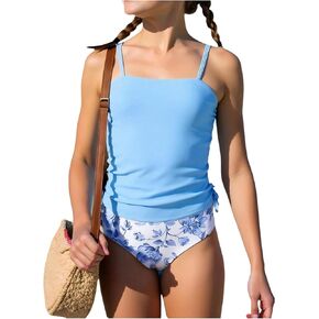 SHENHE Girl's Tankini Swimsuits 2 Piece Bathing Suit Ruched Drawstring Floral Swimwear