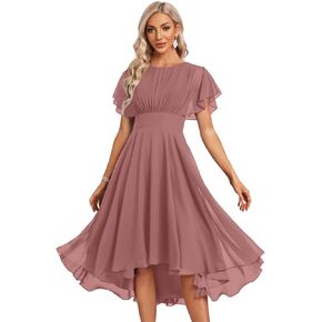 Women's Chiffon Bridesmaid Dresses Short Crew Neck Flutter Sleeves Prom Dress for Evening Party