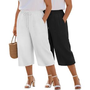 Riyiper 2 Pack Women's Plus Cotton Linen Capri Pants ، Hide High Weist High Palazzo Disperting Proutser مع جيوب in Kuwait