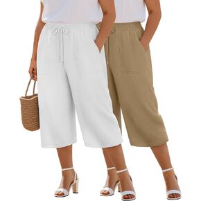 Riyiper 2 Pack Women's Plus Size Cotton Linen Capri Pants, Wide Leg High Waist Palazzo Casual Drawstring Trouser with Pockets