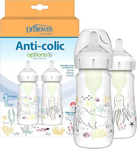 Dr. Brown's Natural Flow® Anti-Colic Options+™ Wide-Neck Baby Bottle Designer Edition Bottles, Dino Decos, 9oz/270mL, Level 1 Nipple, 2-Pack, 0m+ in Kuwait