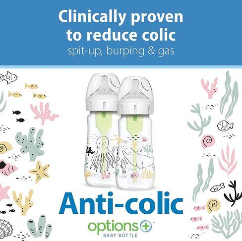 Dr. Brown's Natural Flow® Anti-Colic Options+™ Wide-Neck Baby Bottle Designer Edition Bottles, Dino Decos, 9oz/270mL, Level 1 Nipple, 2-Pack, 0m+ in Kuwait