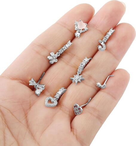Akeoqi 18pcs حل حلقات الأنف الطوق L شكل الفولاذ المقاوم للصدأ أنف الأزرار المسمار أوبال تشيك توليفلي أوراق التاج القلب القمر القمر المجوهر in Kuwait