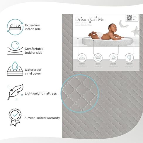 Dream On Me Asheville 4" Firm Fiber Crib And Toddler Mattress | Waterproof | GreenGuard Gold Certified | Dual-Sided Mattress | Grey Embossed Cover | Lightweight Reversible Design in Kuwait