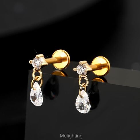 Melighting 14K الذهب الصلب يتدلى الحلزونية القرط التيتانيوم دفع غير خيط في القرط 16g الذهب الظهر المسطح الظهر الحلق 6/8 مم القرط القرط محارة محارة مجوهرات in Saudi Arabia