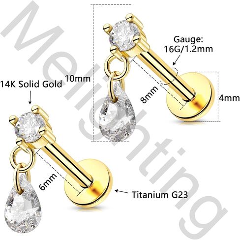 Melighting 14K الذهب الصلب يتدلى الحلزونية القرط التيتانيوم دفع غير خيط في القرط 16g الذهب الظهر المسطح الظهر الحلق 6/8 مم القرط القرط محارة محارة مجوهرات in Saudi Arabia