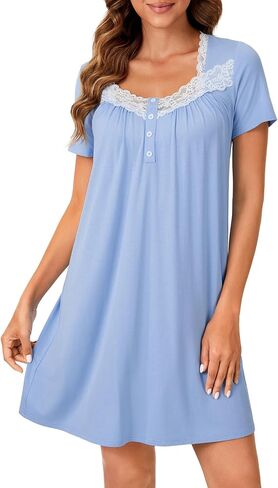 Vrtige Women's Lace Nightgown Button Short Sleeve Nightshirt Nightdress Sleepwear in Saudi Arabia