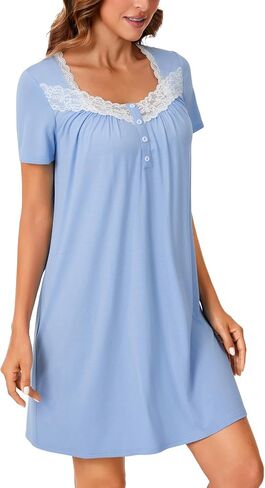 Vrtige Women's Lace Nightgown Button Short Sleeve Nightshirt Nightdress Sleepwear in Saudi Arabia