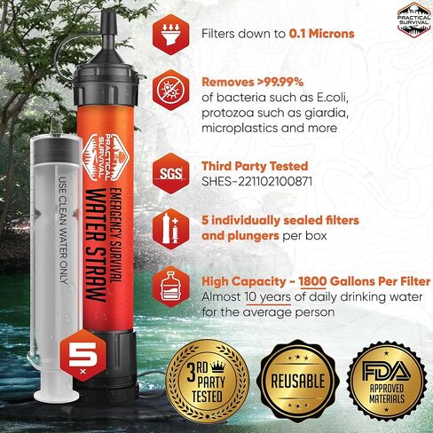 5 High Capacity Emergency Survival Water Straws - Personal Water Filter for Camping, Hiking, Travel, Biking, Survival, Emergency preparedness, Lightweight, Reusable and with no Expiration Date. (5) in Kuwait