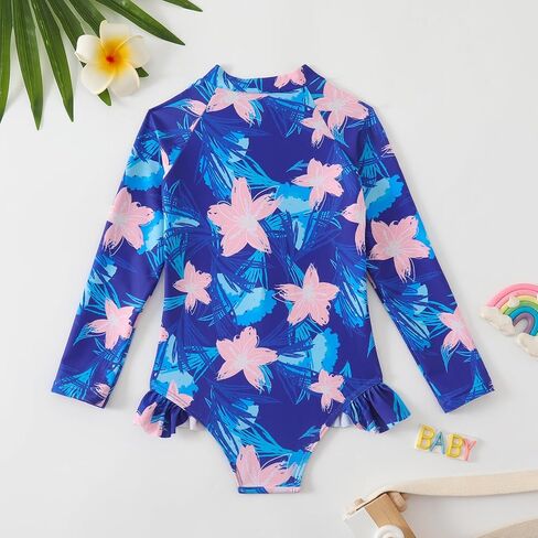 Kids Girls Swimsuit Long Sleeve One Piece Swimwear Zipper Bathing Suit UV Protection Rash Guard Swimming in Kuwait