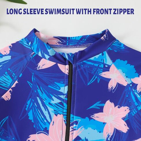 Kids Girls Swimsuit Long Sleeve One Piece Swimwear Zipper Bathing Suit UV Protection Rash Guard Swimming in Kuwait