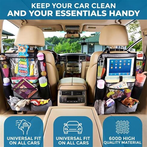 EcoNour Backseat Car Organizer (2 Pack), Heavy Duty Waterproof Stain Resistant Kick Mats Back seat Protector For Kids | Premium Fabric, Multiple Storage Pockets, Travel Accessories, Touchable Tablet Holder in Kuwait